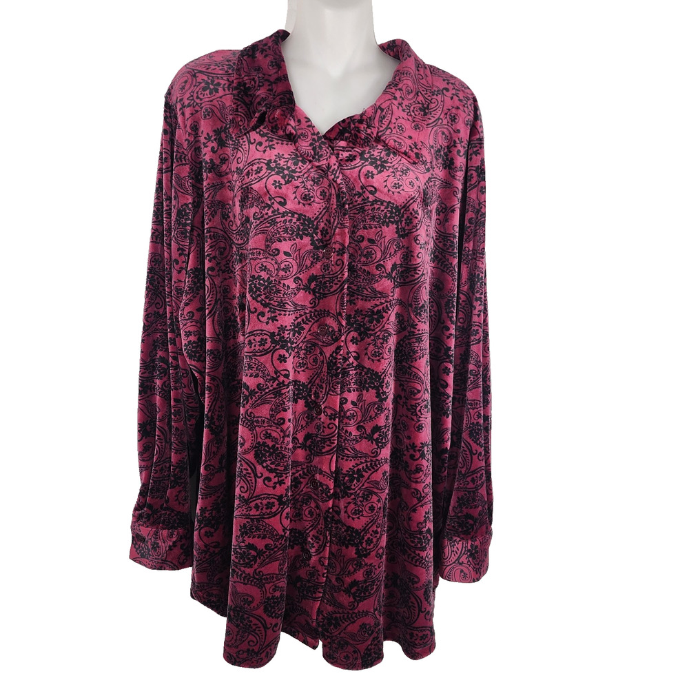 Woman Within Velour Shirt Paisley Button Up Size 1X Burgundy Long Sleeve Retro